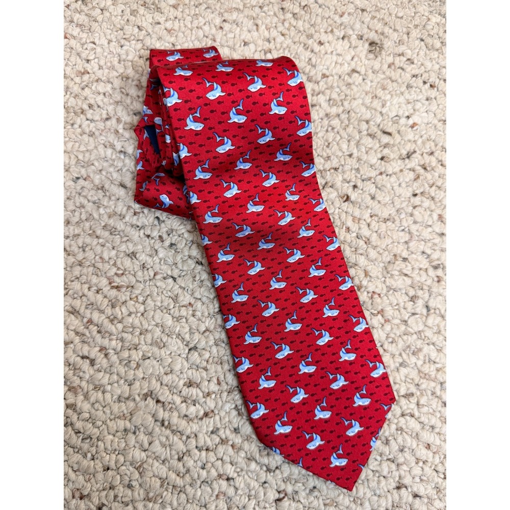 Chaps 100% Silk Shark Novelty Tie Red Nautical Coastal Fish Necktie